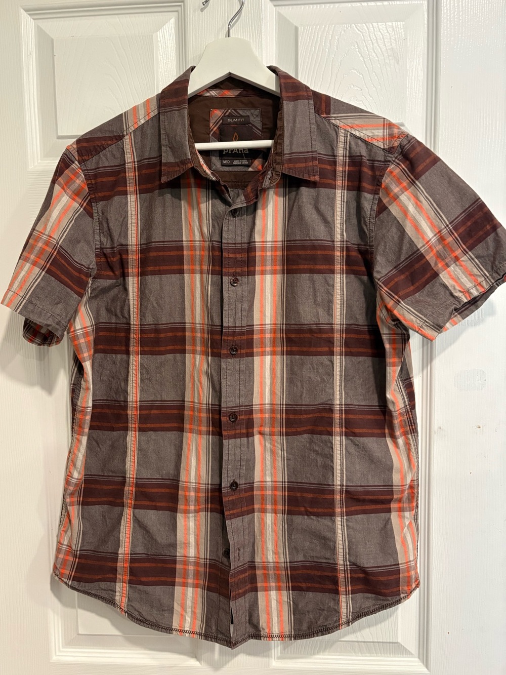 Prana Men's Short-Sleeve Plaid Button-Up Shirt - Brown & Orange